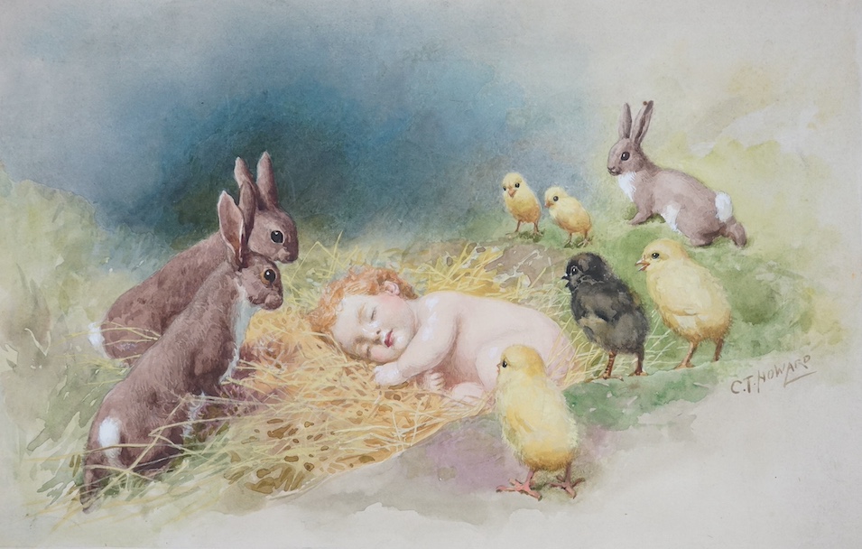 Charles Thomas Howard (1865-1942), set of eight original watercolours for Easter postcard designs, to include chicks, ducklings and rabbits, two signed, unframed, largest 22 x 33cm. Condition - fair